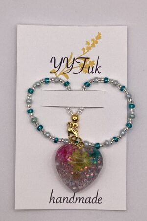 Glitter, white and blue beads in heart / レジンストラップ / sinobu 164